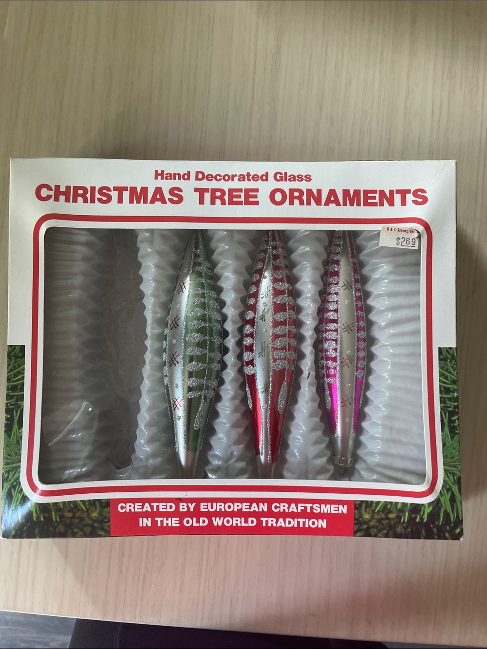 Set of Pink, Red & Green Glass Christmas Hanging Ornaments vintage chistmas rom - Picture 2 of 3